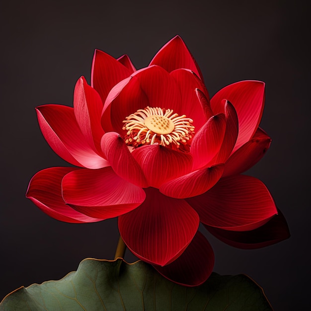 there is a red flower that is sitting on a leaf generative ai