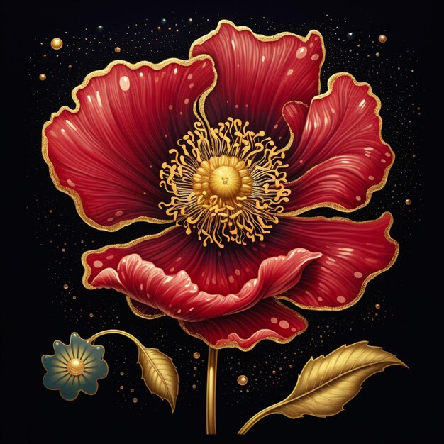 Photo there is a red flower with gold leaves and a blue flower generative ai