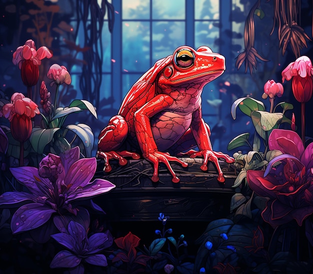 there is a red frog sitting on a ledge in a garden generative ai