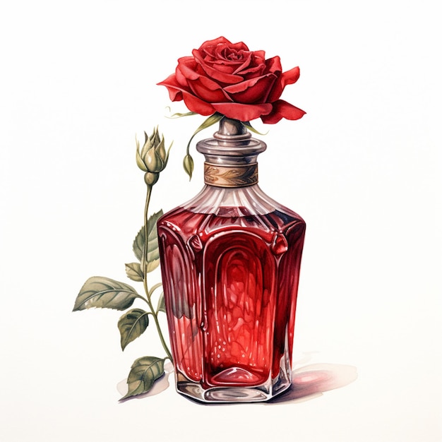 there is a red glass bottle with a rose in it generative ai