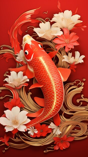 На красном фоне красная и золотая рыбка с белыми цветами
