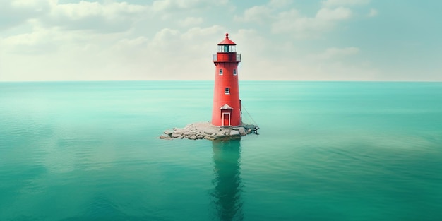 There is a red lighthouse sitting on a rock in the middle of the ocean generative ai