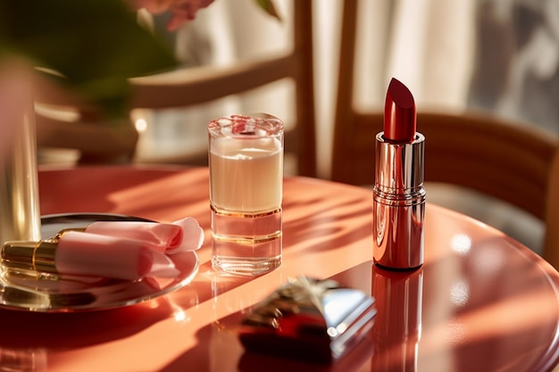 there is a red lipstick and a glass of water on a table generative ai