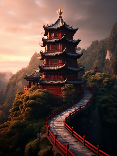 There is a red pagoda on a hill with a mountain in the background generative ai