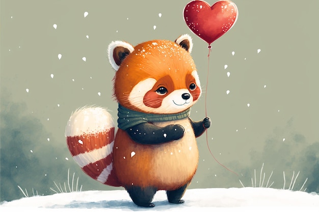 there is a red panda holding a heart shaped balloon in the snow generative ai