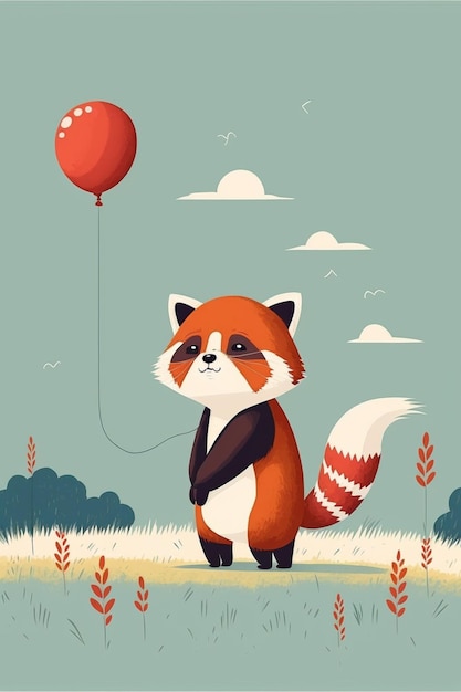 there is a red panda holding a red balloon in a field generative ai