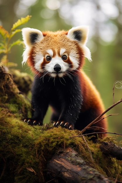 there is a red panda sitting on a tree branch in the woods generative ai