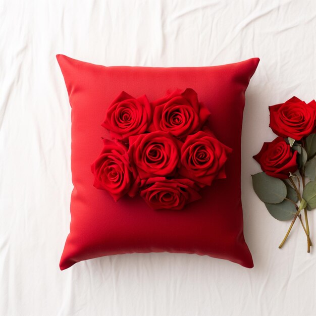 there is a red pillow with a bunch of roses on it generative ai