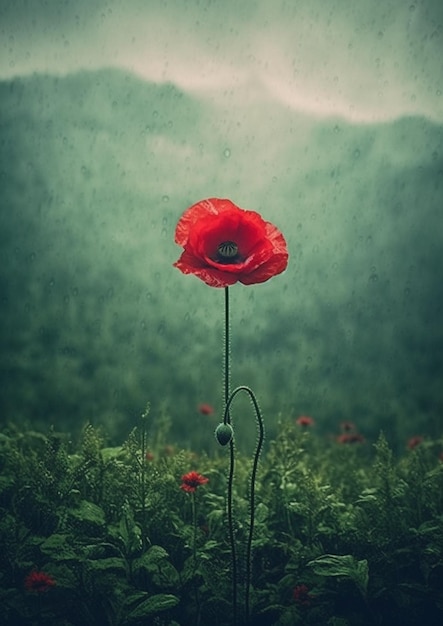 There is a red poppy flower in a field of green grass generative ai