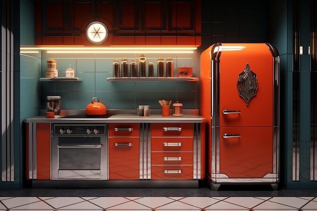 Photo there is a red refrigerator in a kitchen with a clock above it generative ai