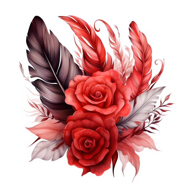 there is a red rose and feathers on a white background Generative AI