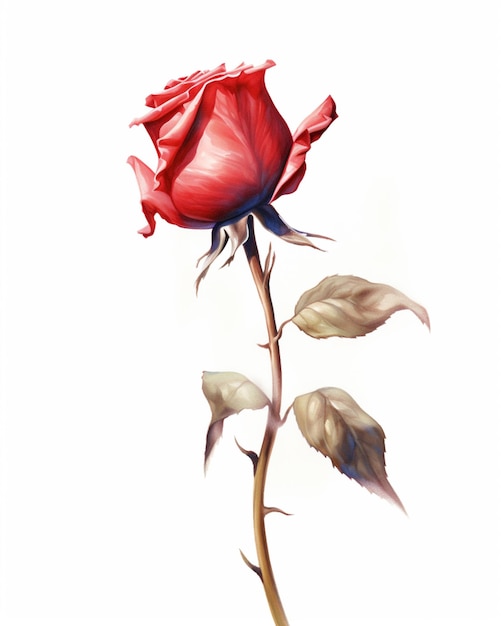 There is a red rose that is on a stem with leaves generative ai