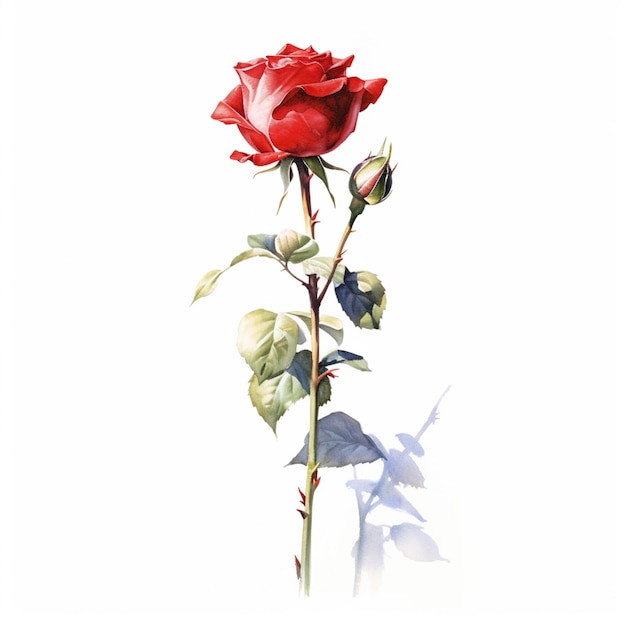 There is a red rose that is on a stem with leaves generative ai