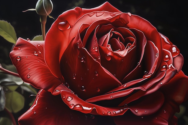 There is a red rose with water droplets on it generative ai