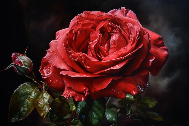 There is a red rose with water droplets on it generative ai