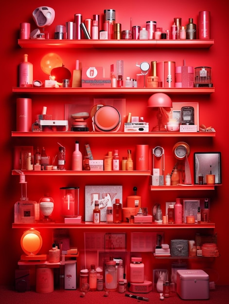 there is a red shelf with many different types of cosmetics generative ai