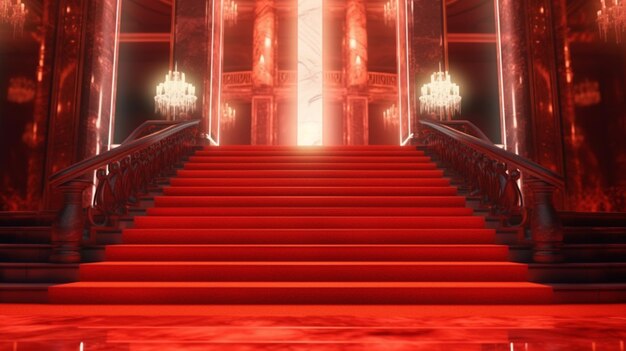 There is a red staircase leading to a large room with chandeliers generative ai