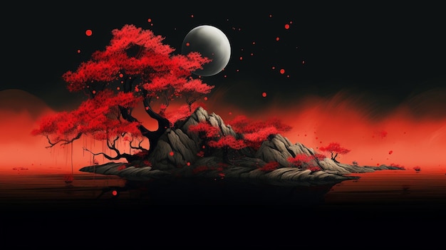 There is a red tree on a rock with a moon in the background generative ai