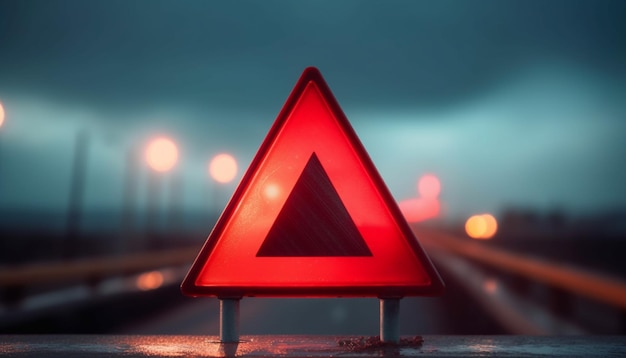 There is a red triangular sign on a metal pole generative ai