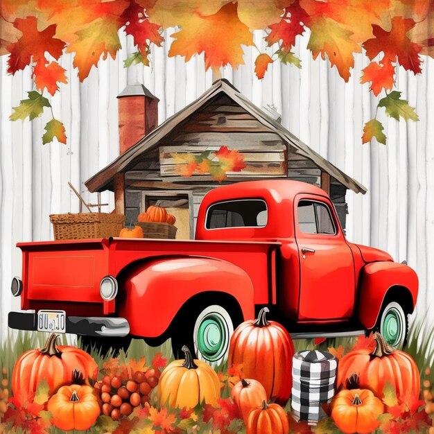 There is a red truck with a basket of pumpkins in the bed generative ai