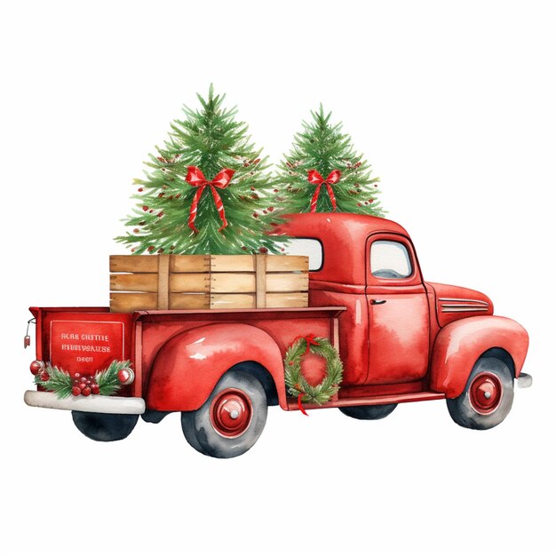 Photo there is a red truck with a christmas tree on the back generative ai