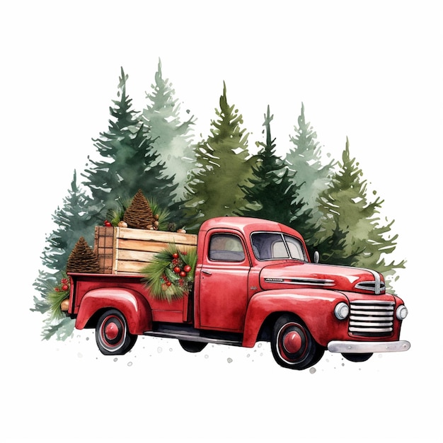 there is a red truck with a christmas tree on the back generative ai