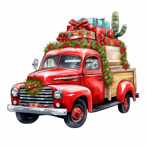 there is a red truck with a lot of presents on the back generative ai