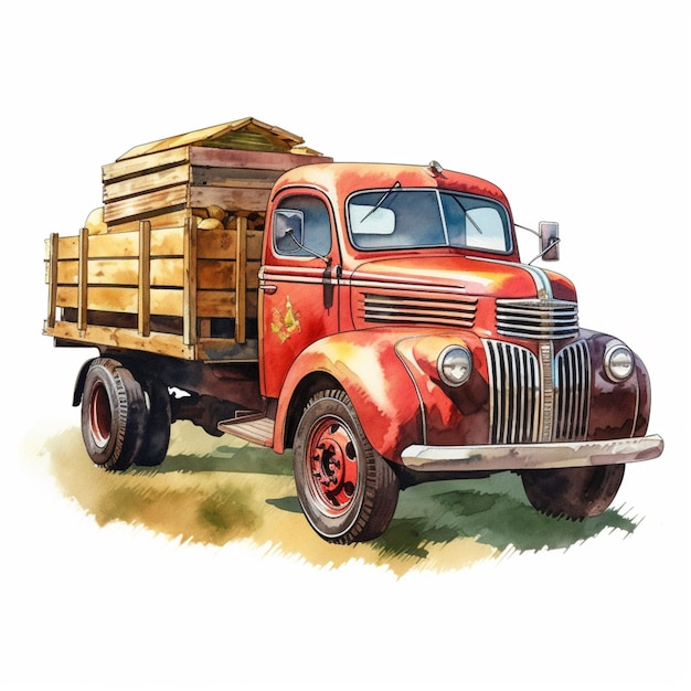 Photo there is a red truck with a wooden trailer on the back generative ai