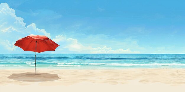 На пляже рядом с океаном есть красный зонтик.