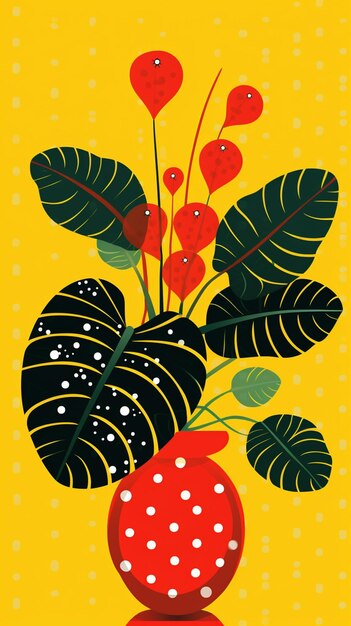 There is a red vase with a plant in it on a yellow background generative ai