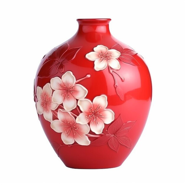 Photo there is a red vase with white flowers on it generative ai