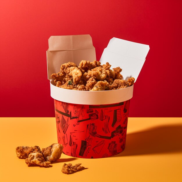 Photo there is a red and white bucket filled with nuts and a box of nuts generative ai