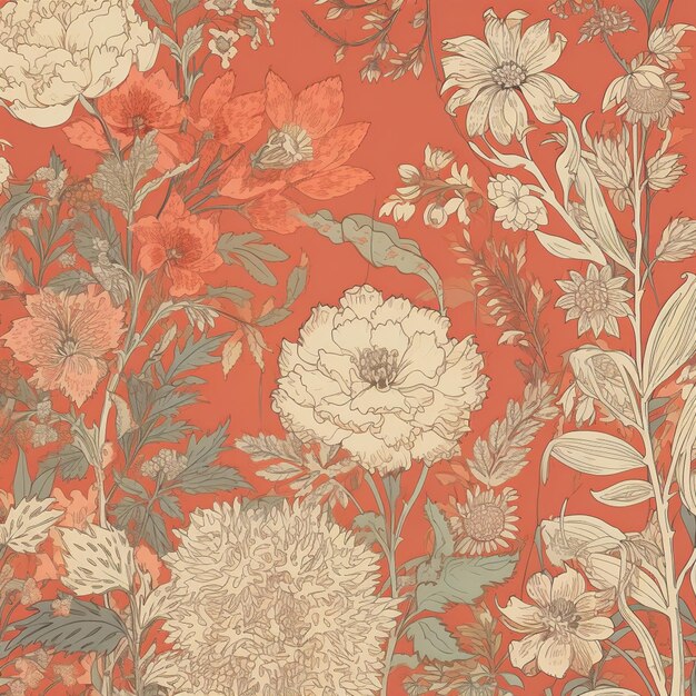 There is a red and white floral wallpaper with a cat generative ai