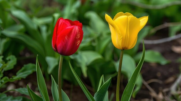 Photo there is a red and yellow tulip blooming in a garden during the spring season