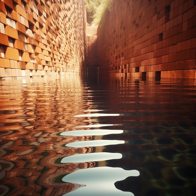 There is a reflection of a brick wall in the water generative ai