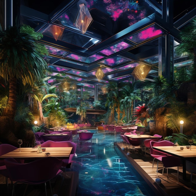 there is a restaurant with a pool and a lot of plants generative ai