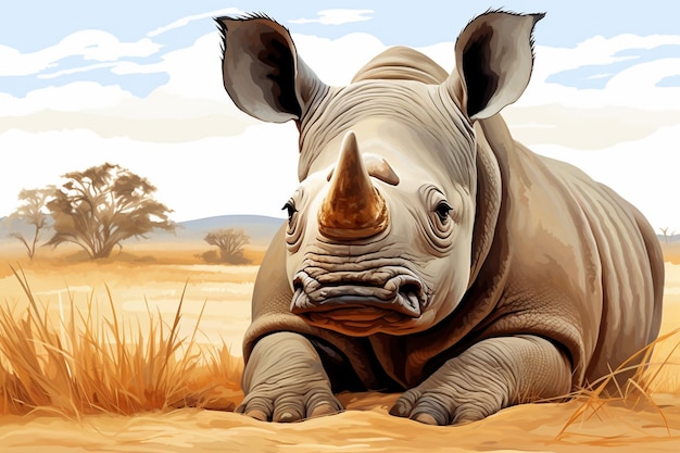 There is a rhino laying down in the desert with a sky background generative ai