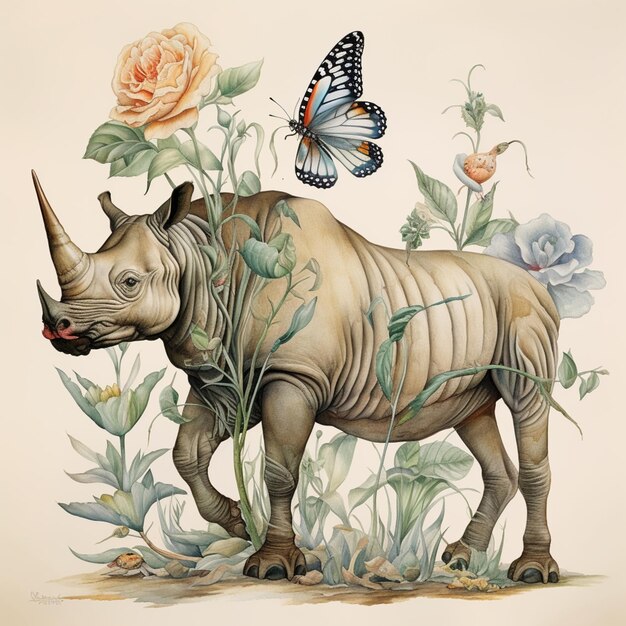 Foto c'è un rinoceronte in piedi nell'erba con una farfalla su di esso generativo ai