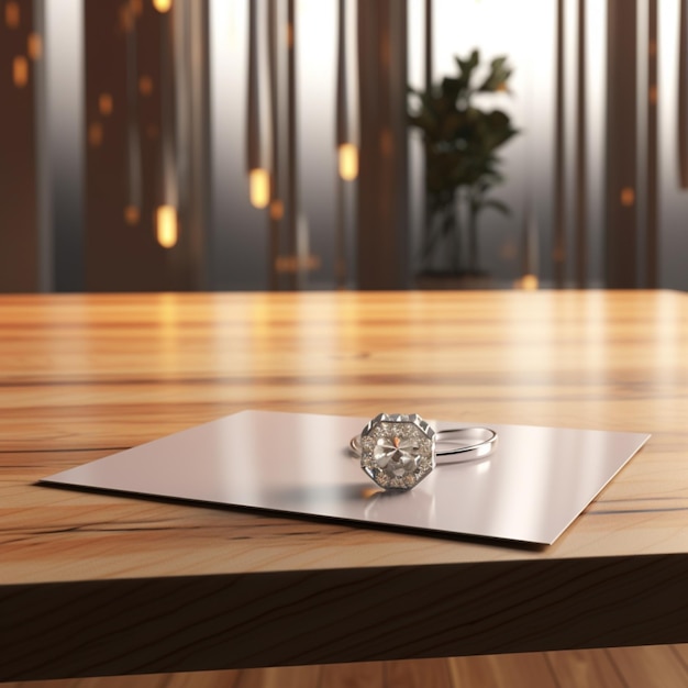 there is a ring on a table with a laptop in the background generative ai