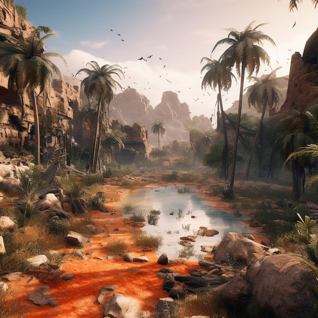 there is a river with red water and palm trees in the background generative ai