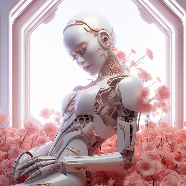 Photo there is a robot sitting in a bed of flowers generative ai