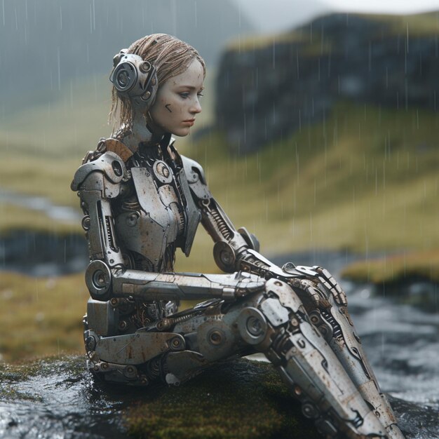 there is a robot sitting on a rock in the rain generative ai