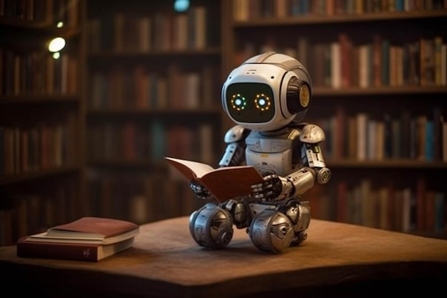 テーブルに座って本を読んでいるロボットがいる 生成AI