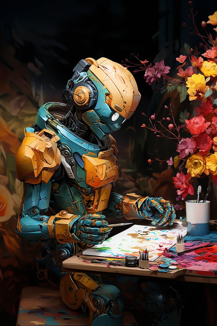 Photo there is a robot sitting at a table with a paintbrush and palette generative ai