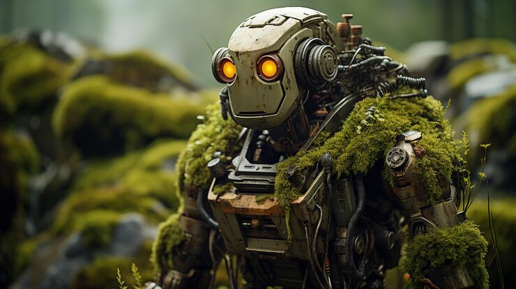Photo there is a robot that is standing in the grass generative ai
