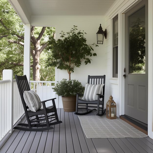 there is a rocking chair on the porch of a house generative ai