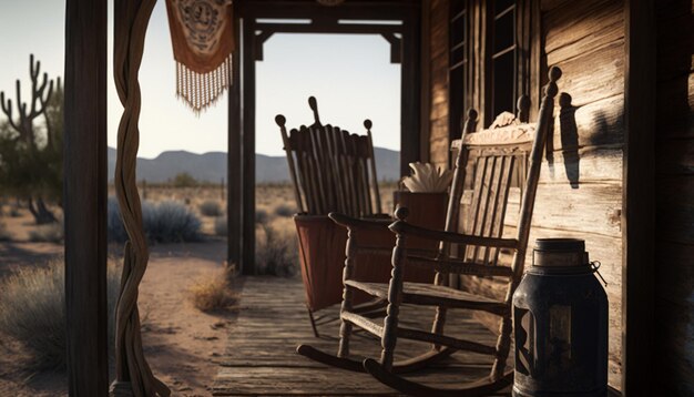 Photo there is a rocking chair on the porch of a rustic cabin generative ai