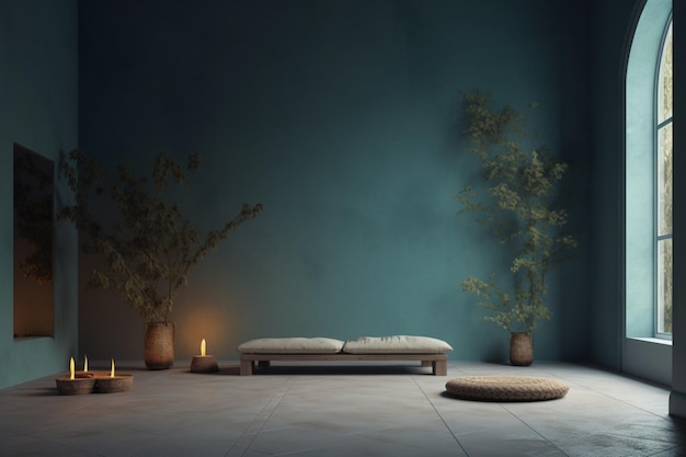 there is a room with a bench and a candle in it generative ai