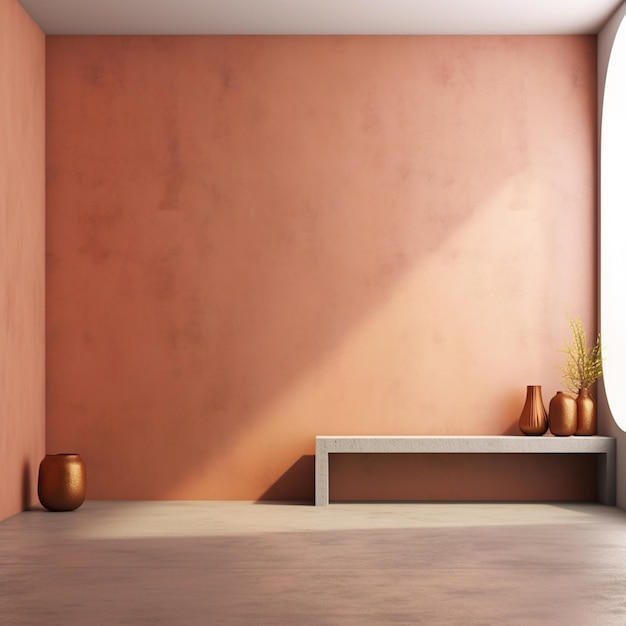 There is a room with a bench and vases on the floor generative ai