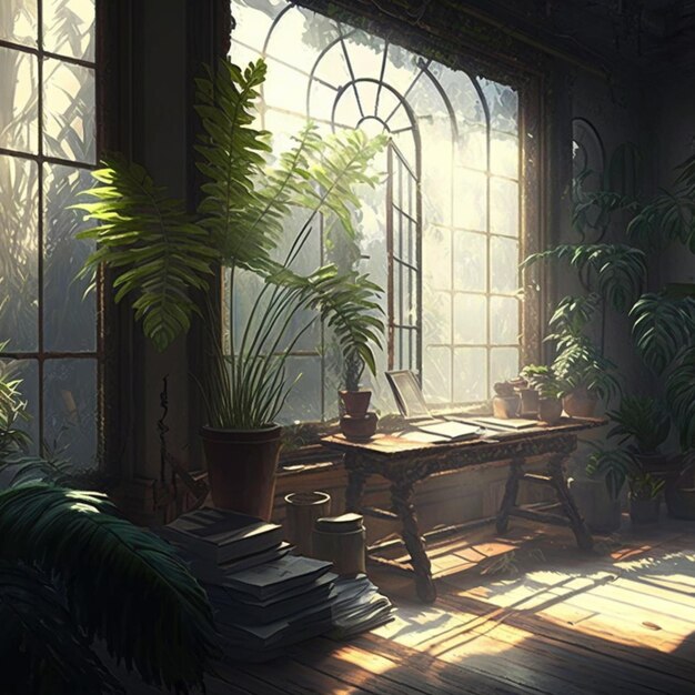 there is a room with a desk and a window with a lot of plants generative ai